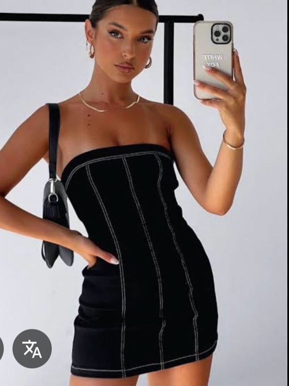 White Fox Boutique Strapless Black Bodycon Dress with White Stitching